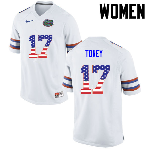 Women Florida Gators #17 Kadarius Toney College Football USA Flag Fashion Jerseys-White - Click Image to Close